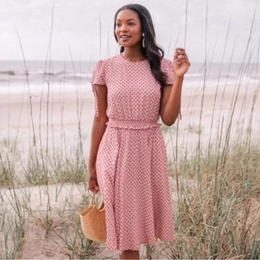 LAST CHANCE | Gal Meets Glam Corinne Pink Polka Dot Short Sleeve Dress